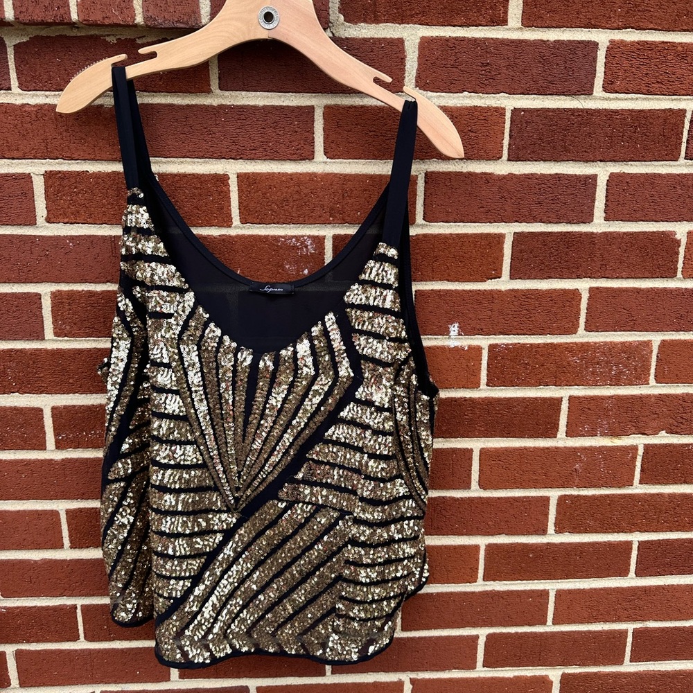 Sequin Embellished Black and Gold Tank Top